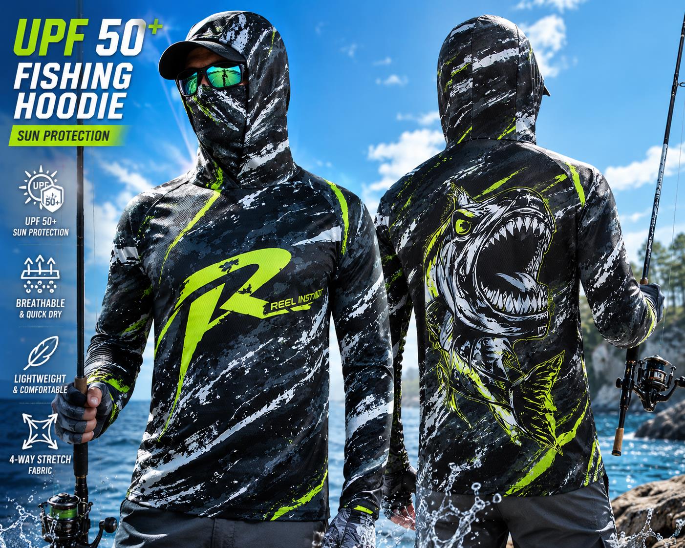 Fishing Mask Sun Protection - เสื้อตกปลาแขนยาวป้องกันแสงแดดสำหรับกิจกรรมกลางแจ้ง พร้อมหน้ากากปิดคอ ลายพิมพ์ สำหรับทุกเพศ ด้านหลังมีลายกระดูกปลา น้ำหนักเบา