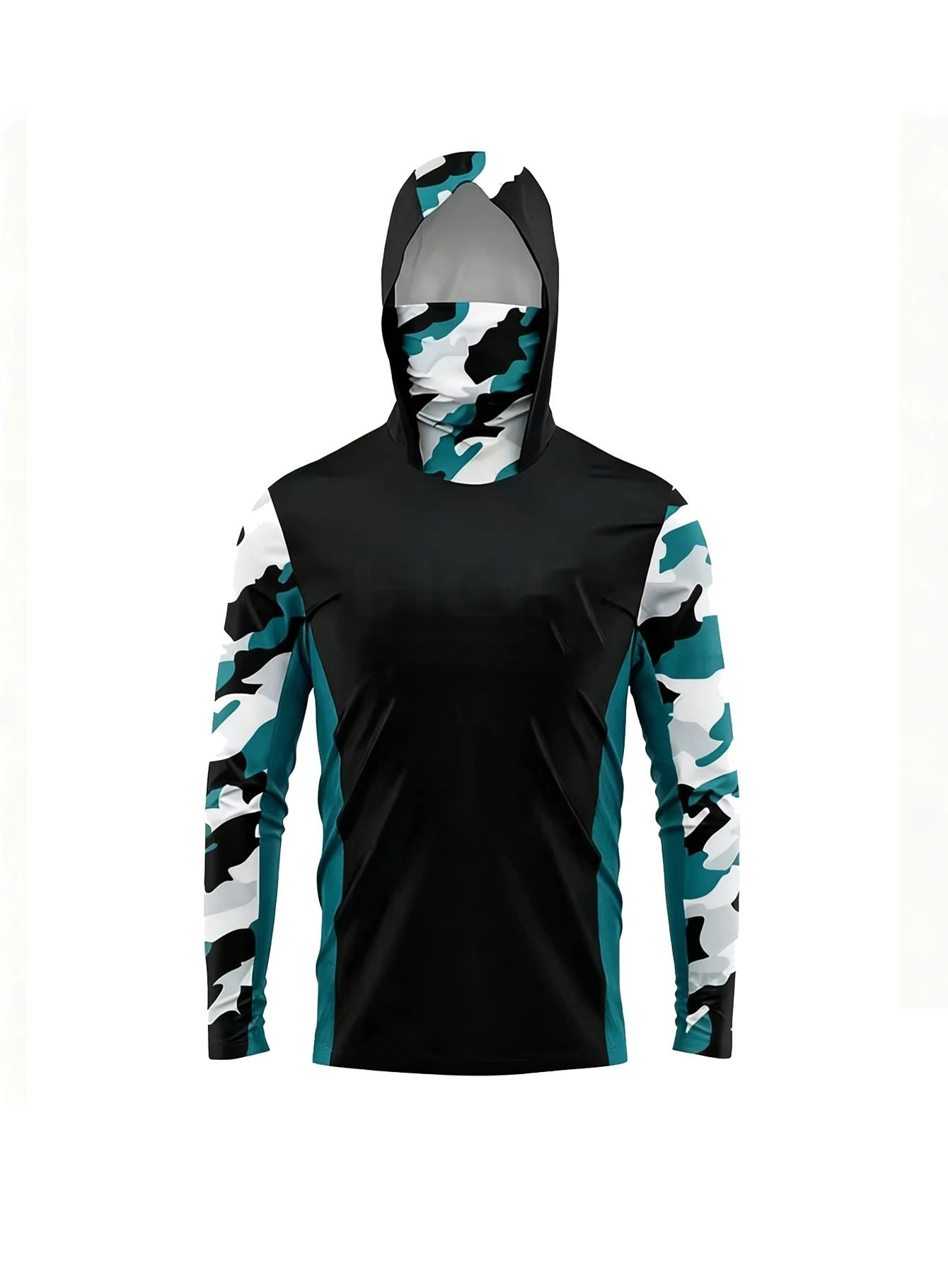 Fishing Hoodie - เสื้อตกปลาผู้ชายแบบมีฮู้ดสำหรับกิจกรรมกลางแจ้ง ป้องกันแสงแดด ลายพราง พร้อมผ้าคลุมหน้าในตัว แห้งเร็ว ระบายอากาศได้ดี