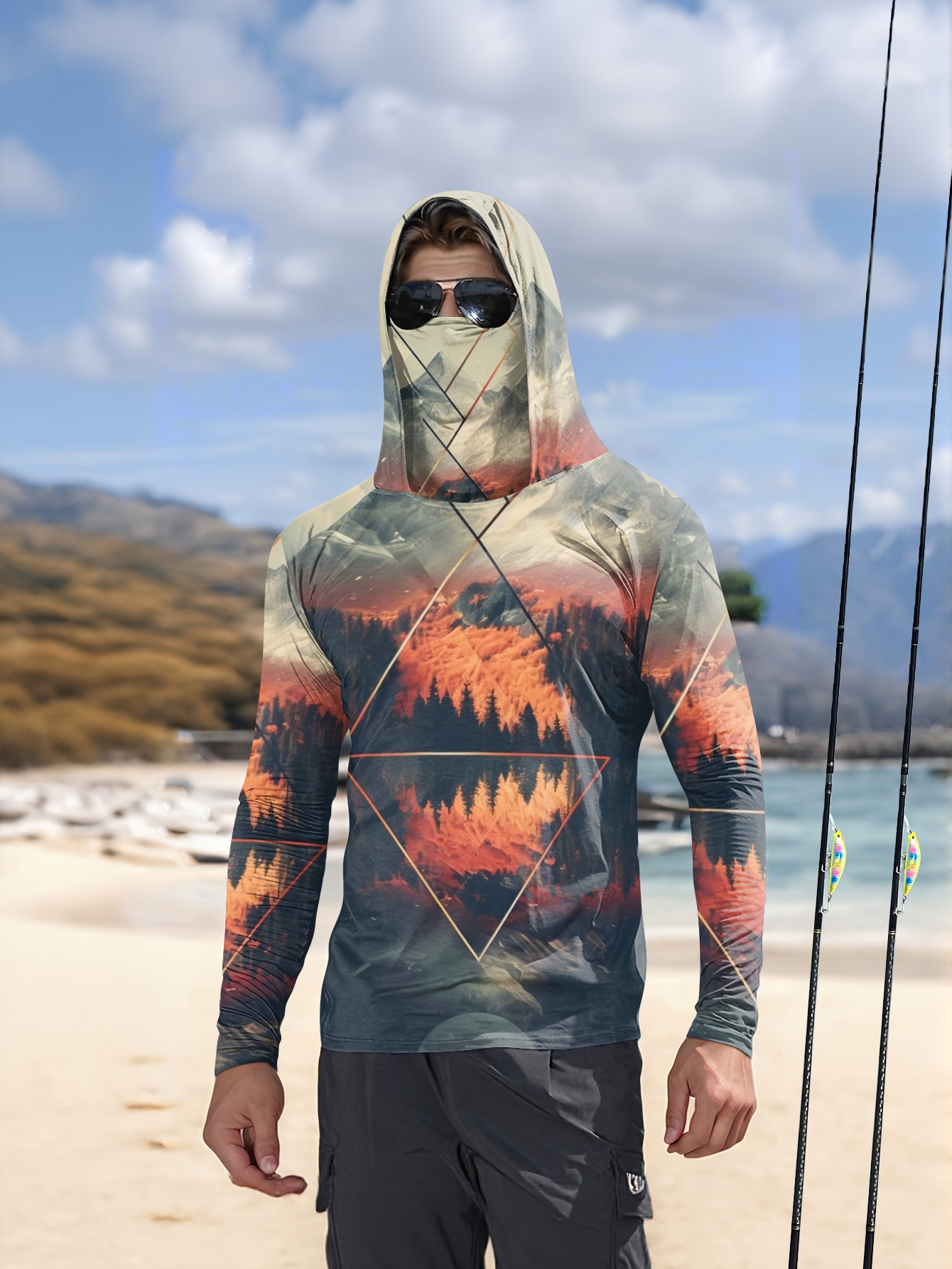 Fishing Mask Sun Protection - เสื้อฮู้ดตกปลาสำหรับผู้ชายแบบกลางแจ้ง พร้อมหน้ากากในตัว ลายวิวภูเขา ป้องกันแสงแดด UPF 50