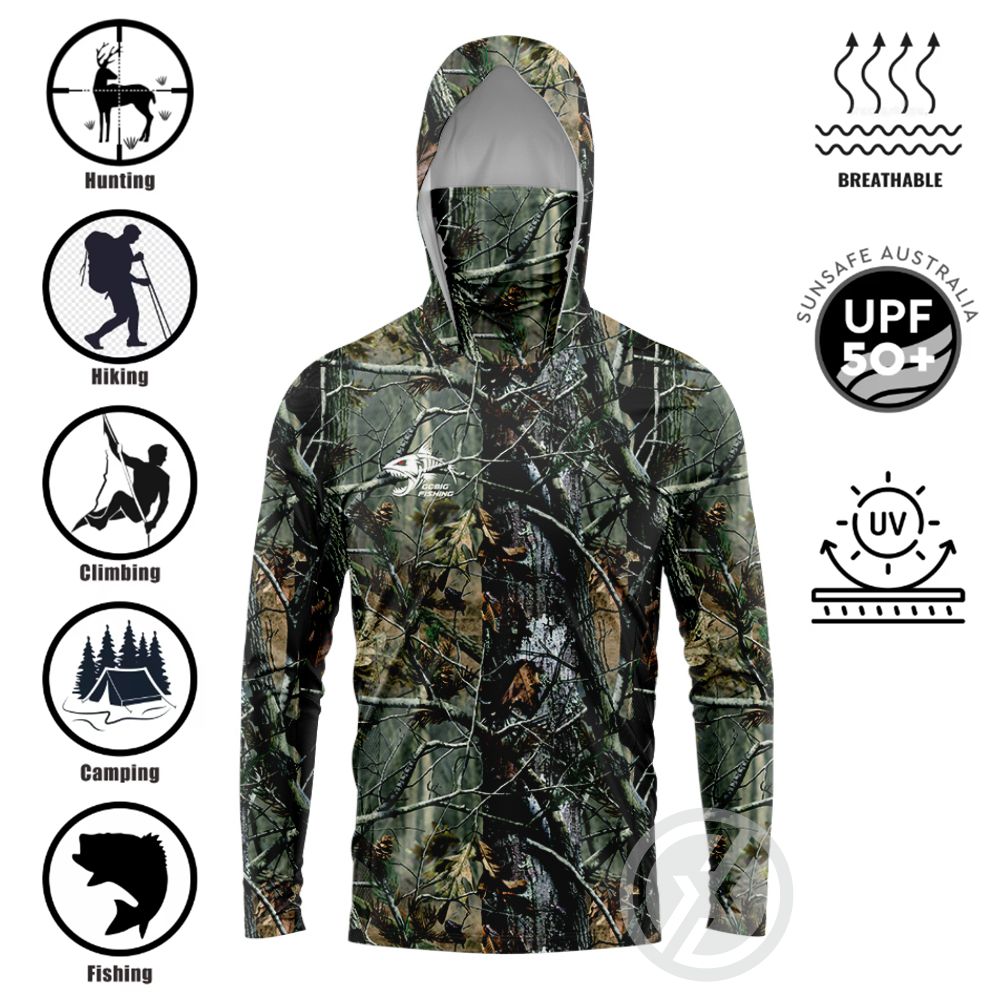 Fishing Shirt Uv Protection - เสื้อตกปลาแบบมีฮู้ด UPF50+ พร้อมผ้าคลุมหน้าในตัว ลายพิมพ์ 3D รูปปลาฉลาม