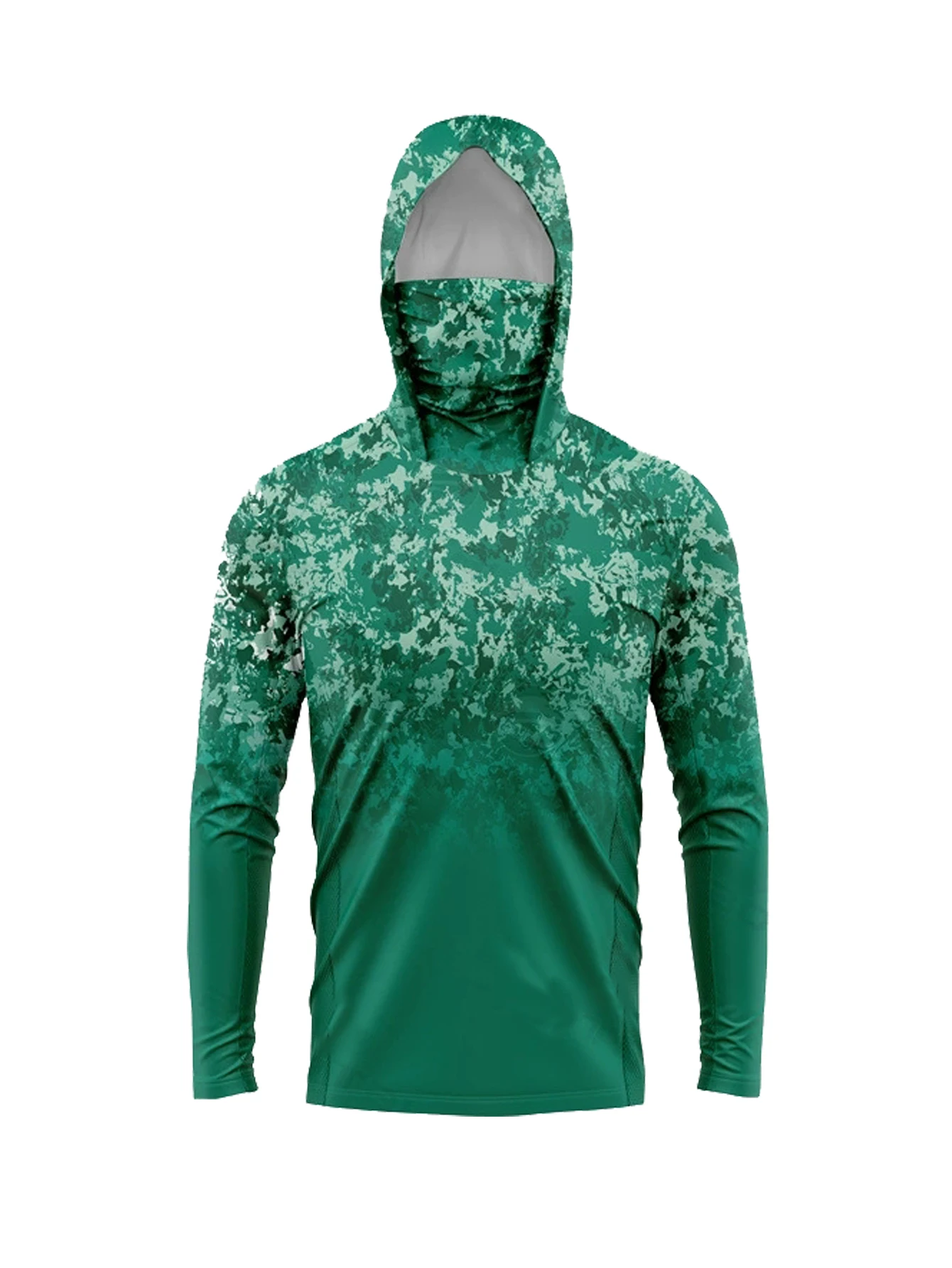 Fishing Shirt Uv Protection - เสื้อฮู้ดดี้กันแดดสำหรับผู้ชาย UPF50+ พร้อมหน้ากากปิดหน้า ลายพรางดิจิตอลสีเขียว แห้งเร็ว ป้องกันรังสียูวี